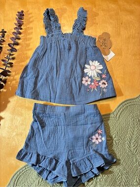 Baby Essentials Blue Ruffle Tank and Shorts Set with Floral Embroidery